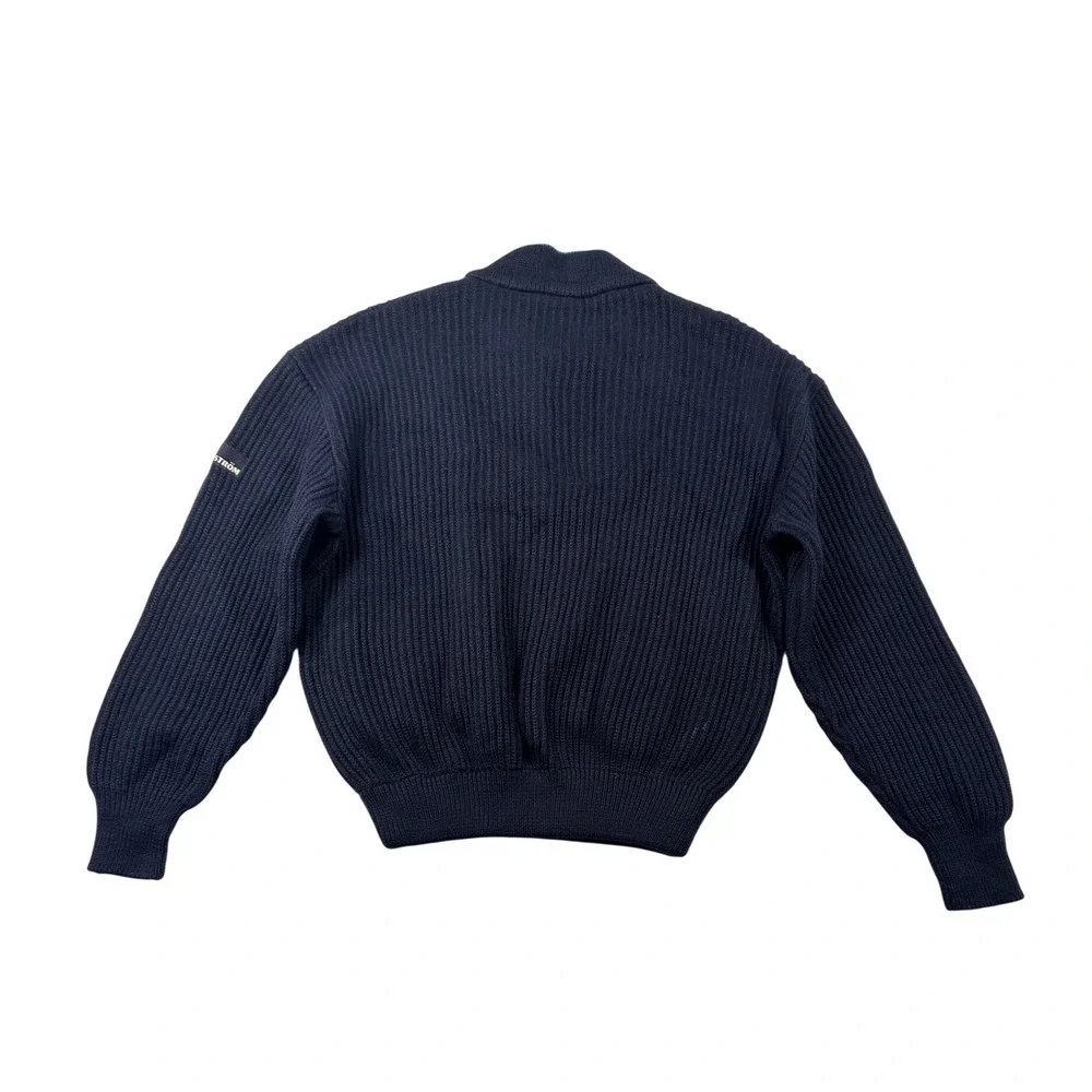 Vintage Elvstrom Italy Navy Blue‎ Wool Shawl Collar Sweater Green Trim medium